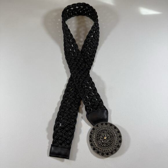 Vintage Braided Leather Medallion Boho Wide Layering Belt - Black Wms Medium - Picture 3 of 8